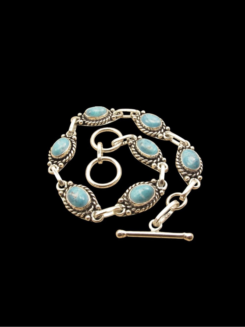 Vintage Sterling Silver Natural Larimar (7)-Gemstone Light Blue Bracelet
